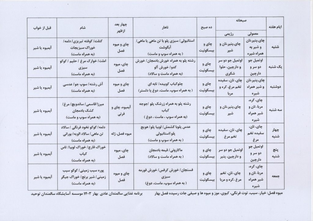 برنامه غذایی سالمندان عادی بهار 1403